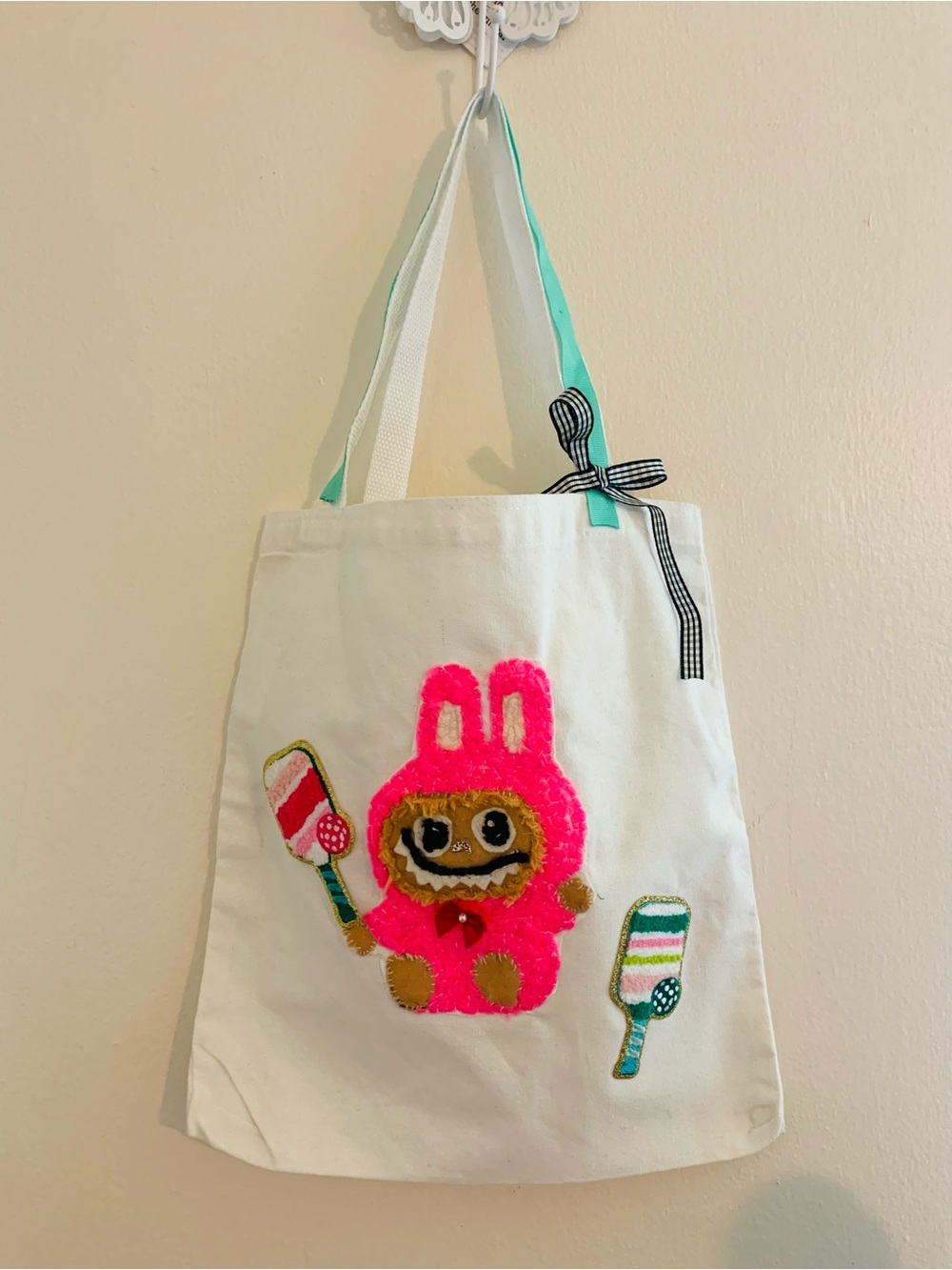 Hand Crafted White Tote with Hot Pink Embroidery labubu and pick ball Appliqué